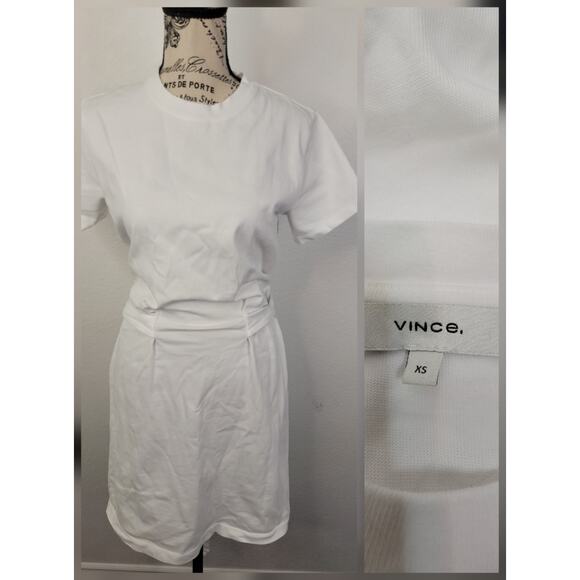 VINCE Short Sleeve Tie-Waist Dress Optic White Cotton Wrap TShirt Crew Sz XS - Picture 1 of 13